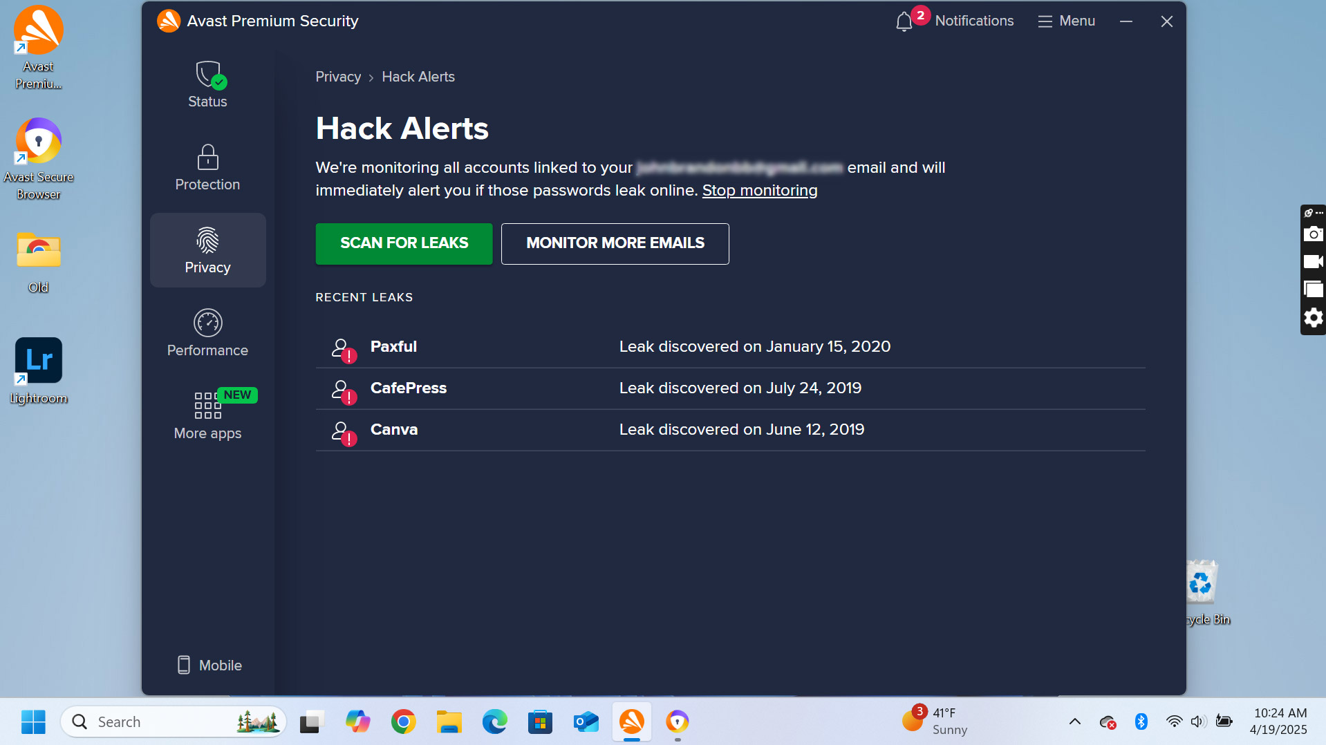 A screenshot of the Avast Premium Hack Alerts menu.