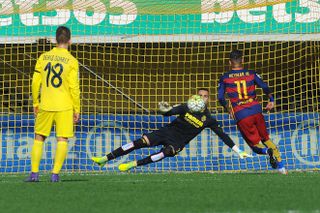 Neymar scores a Panenka penalty for Barcelona against Villarreal in March 2016.