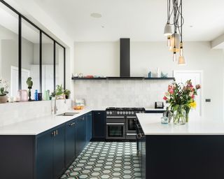 Neutral white kitchen wall with blue painted cabinets and a patterned tile floor.