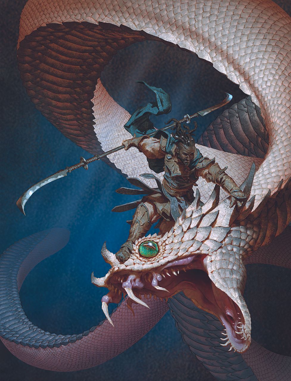 Digital art showing a warrior and a dragon