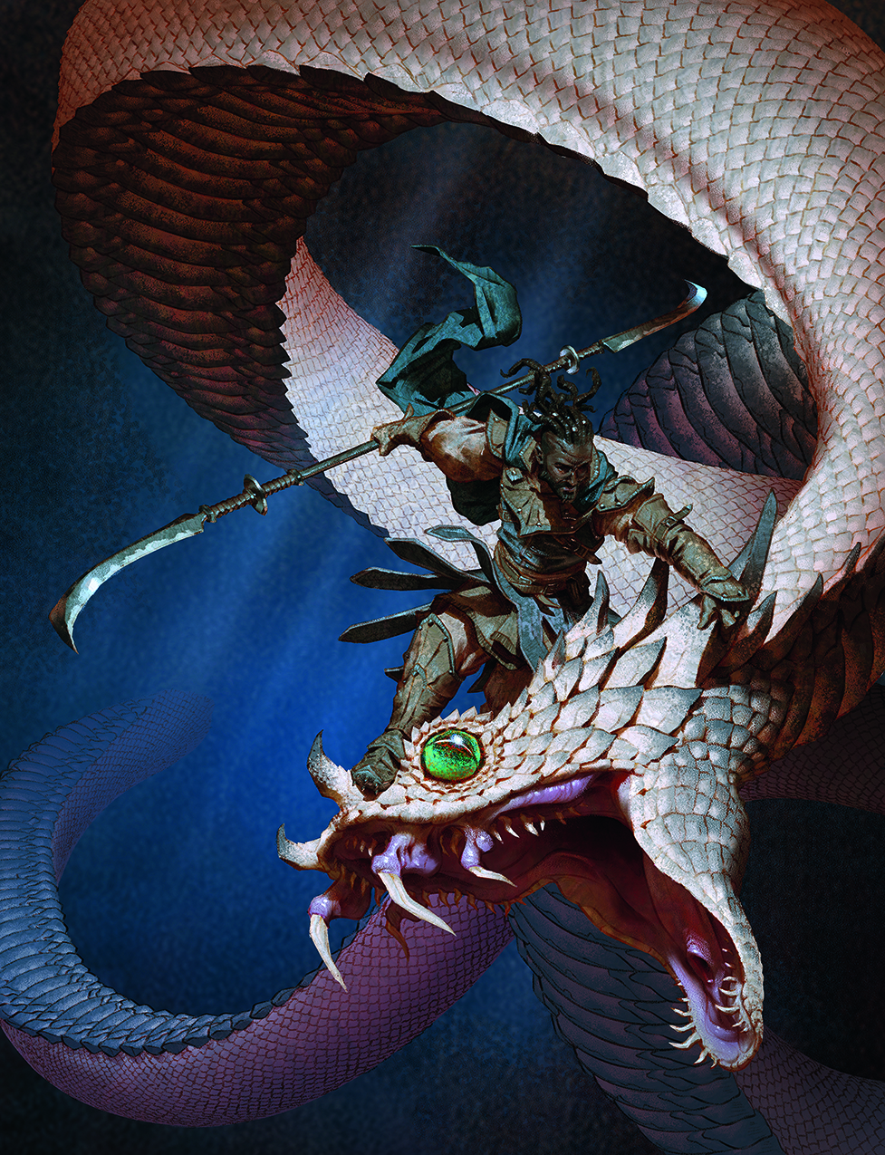 Digital art showing a warrior and a dragon