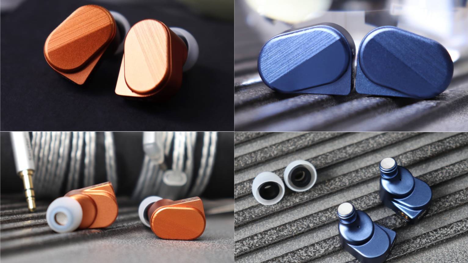Four images of the Saccater Aera: two orange, two blue.
