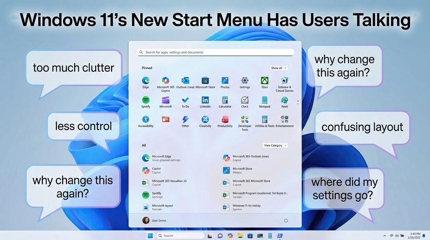 Windows 11 Start menu with user comments.