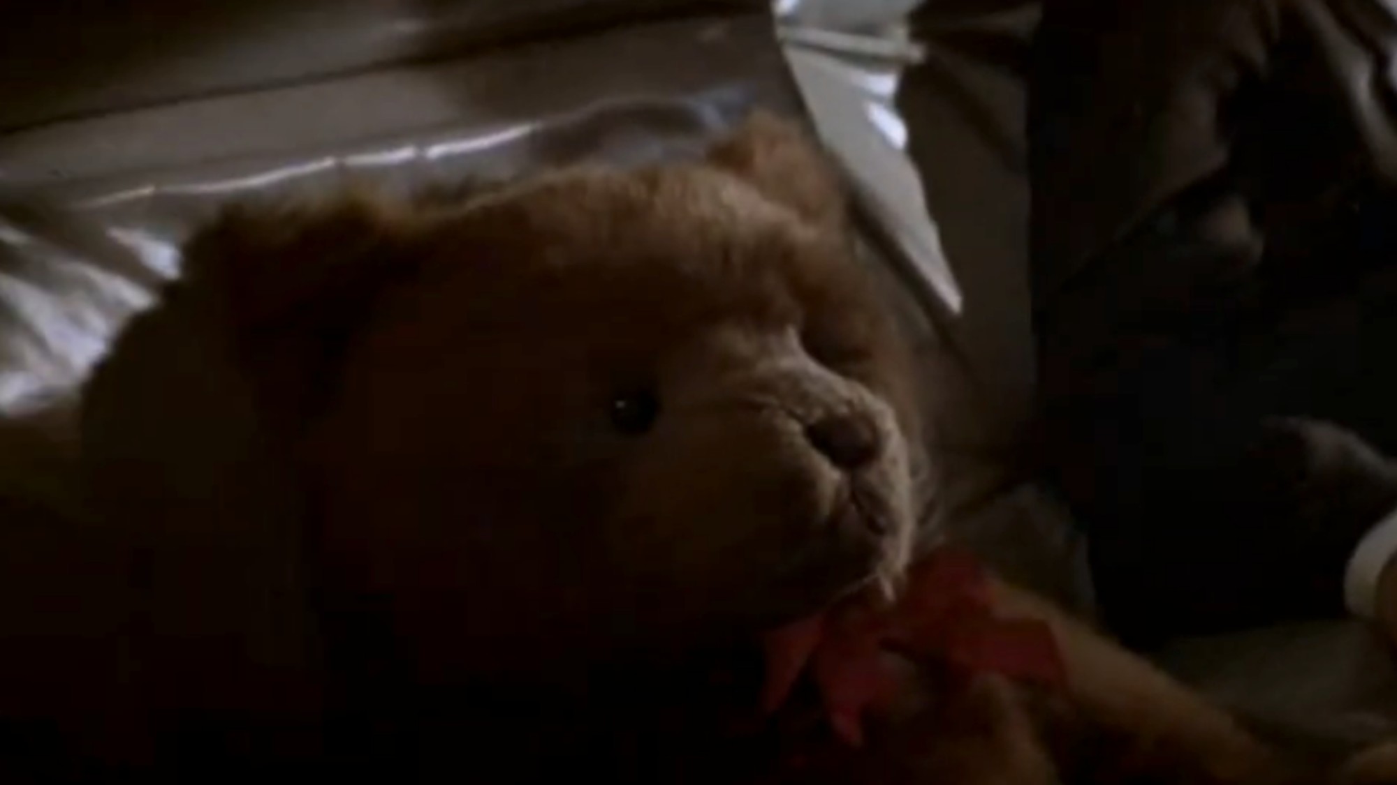 A teddy bear sitting in a seat on an airplane in The Hunt for Red October.