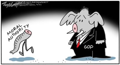 Political cartoon U.S. GOP Roy Moore sexual harassment