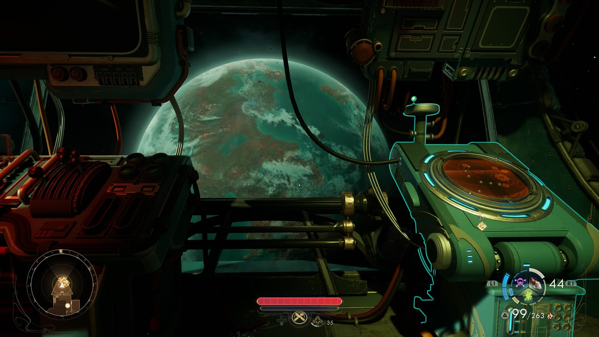 The Outer Worlds 2 screenshot of the Incognito's cockpit and its command module, with a vista of the planet that's home to Paradise Island in the background