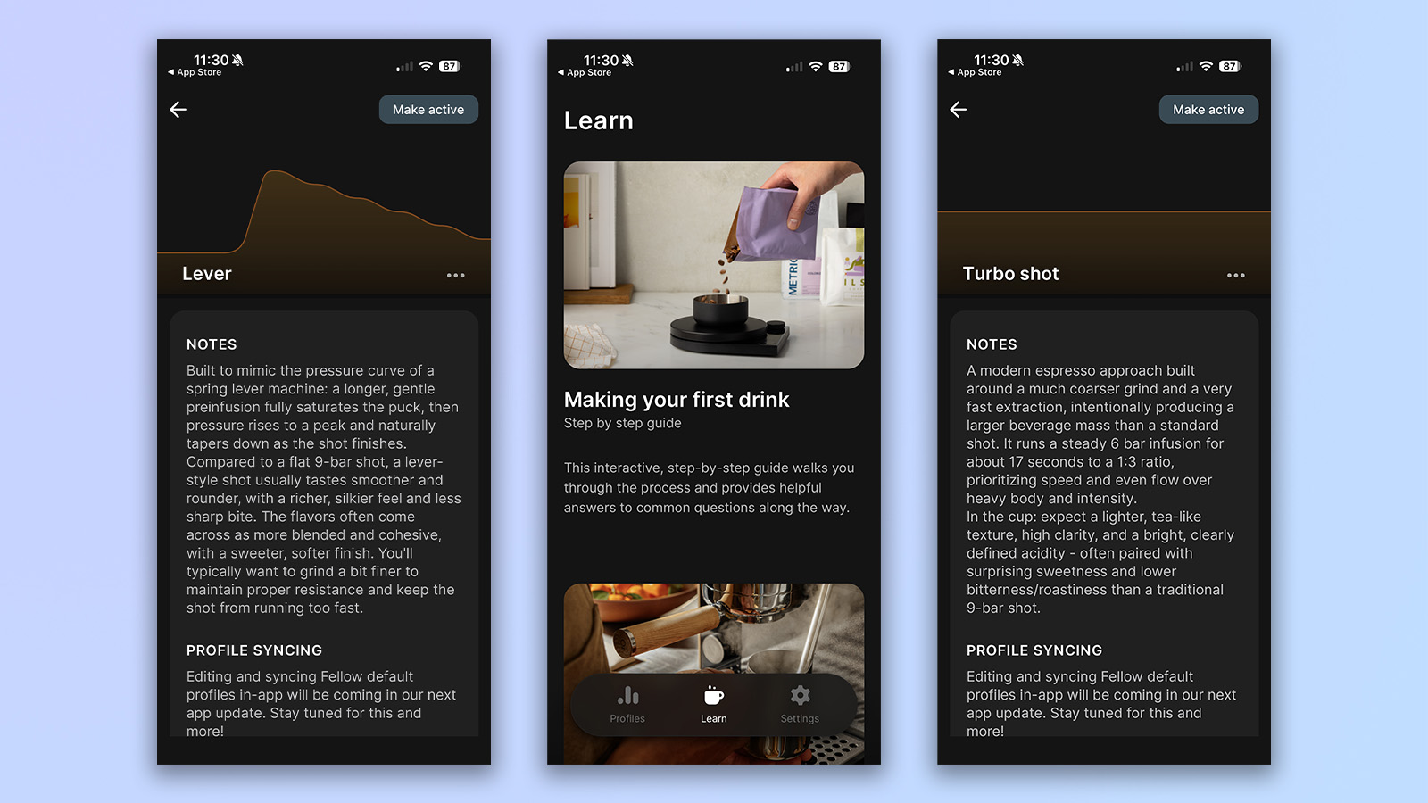 three screenshots from the fellow app showing app espresso customization options