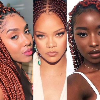 red, medium knotless braids with curly ends  Box braids hairstyles for  black women, Braids with curls, Red box braids