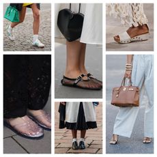 collage of women wearing summer work shoes