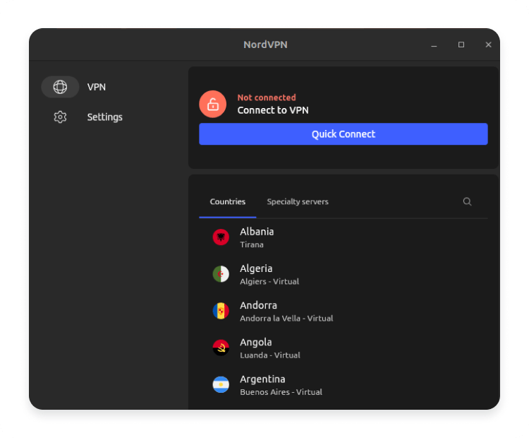 Screenshot of NordVPN GUI Linux app
