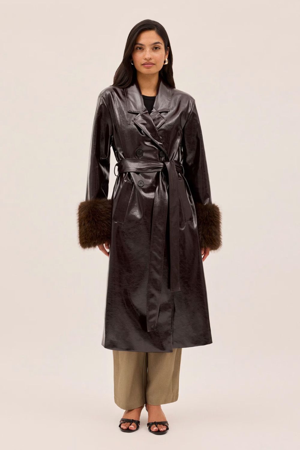Kitri Vinyl Faux Fur Trim Longline Coat