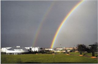 A double rainbow appeared in the summer sky above Toulouse following an afternoon storm.
