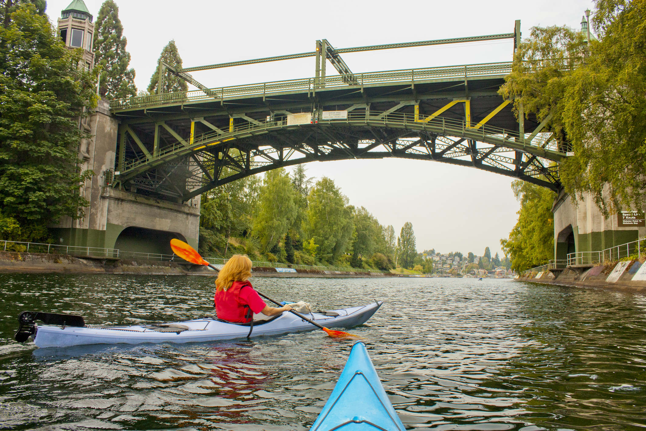 United States, Washington, Seattle. Woman kayaking in the Montlake Cut section of the Lake Washington Ship Canal, near Washington Park Arboretum. Montlake Avenue drawbridge overhead. MR