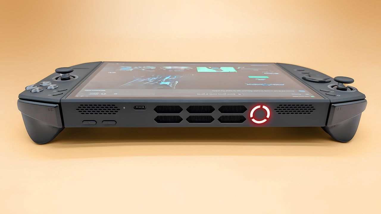 A view of the Lenovo Legion Go 2's top buttons, vents, volume buttons, USB4 port, and fingerprint reader.