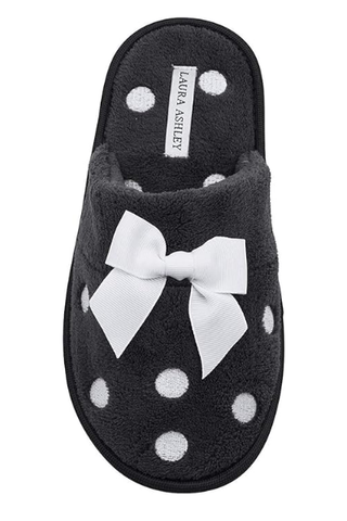 Laura Ashley Ladies Dot Embroidered Soft Terry Plush Scuff Slippers, Black, Large 8-9 Us