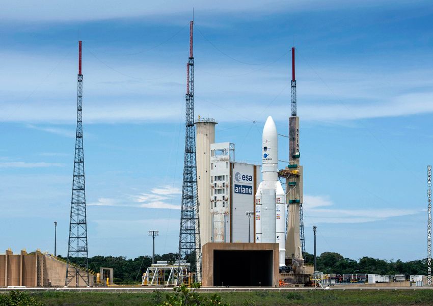 The Ariane 5 rocket rolls out to launch zone ELA-3 at the Guiana Space Center in Kourou, French Guiana, on Aug. 5, 2019.