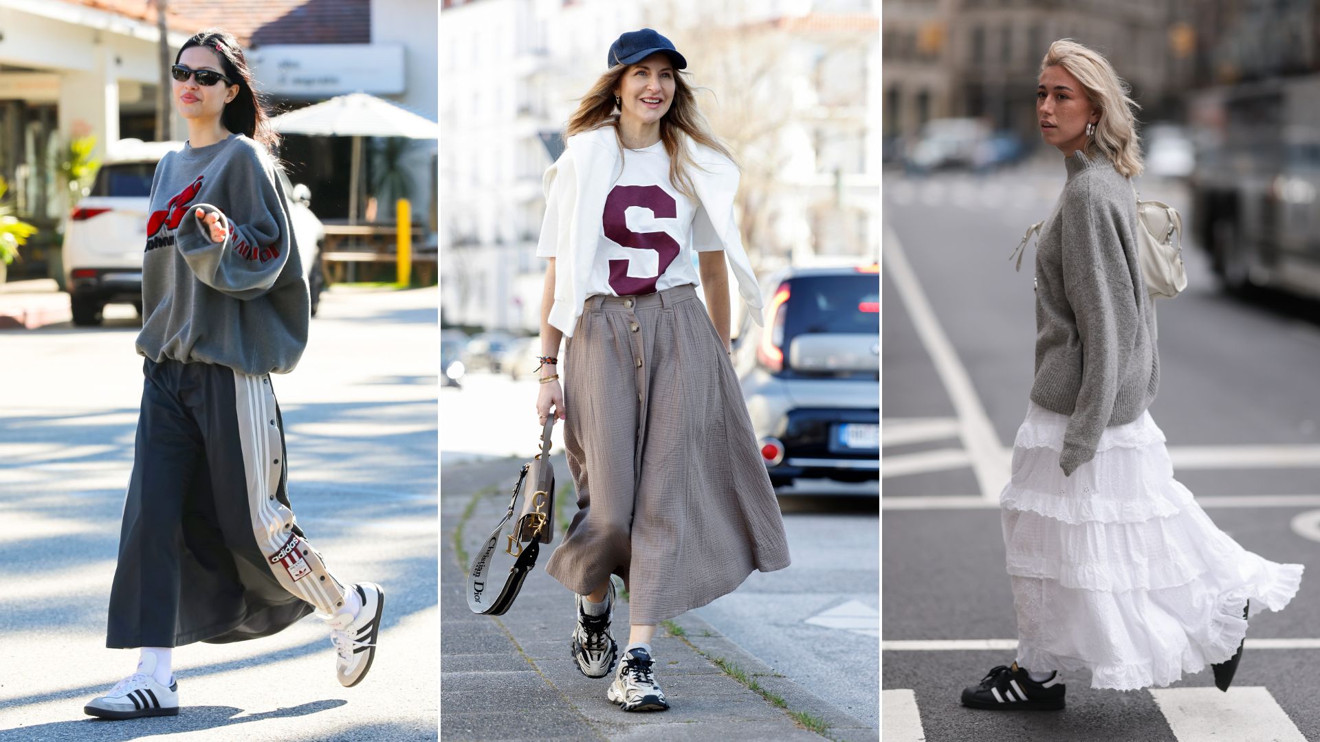 Three women wear different long skirt outfits with trainers