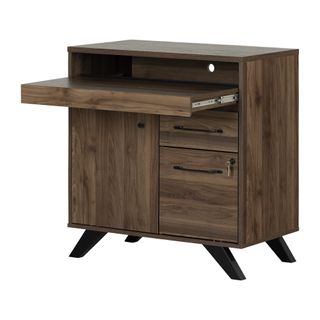 A wood effect cabinet unit with a sliding desk drawer. 