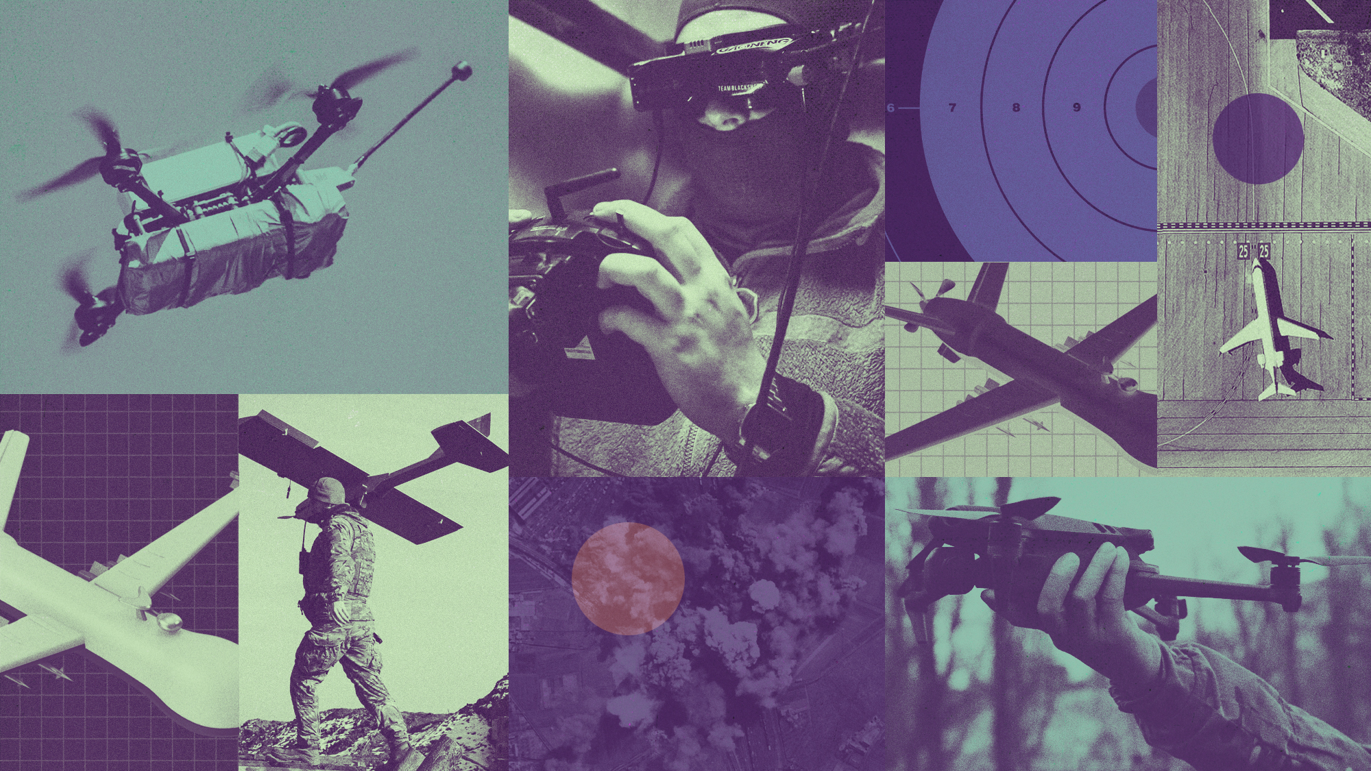 Photo composite illustration of military drones, operators and attack sites