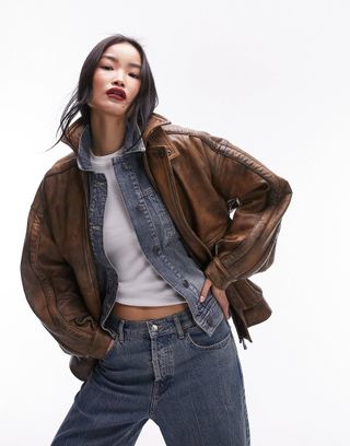 Topshop Premium Real Leather Oversized Bomber Jacket in Tan