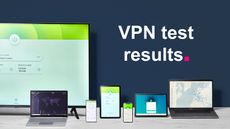 Various VPN services shown across multiple devices and platforms with "VPN test results" overlaid.