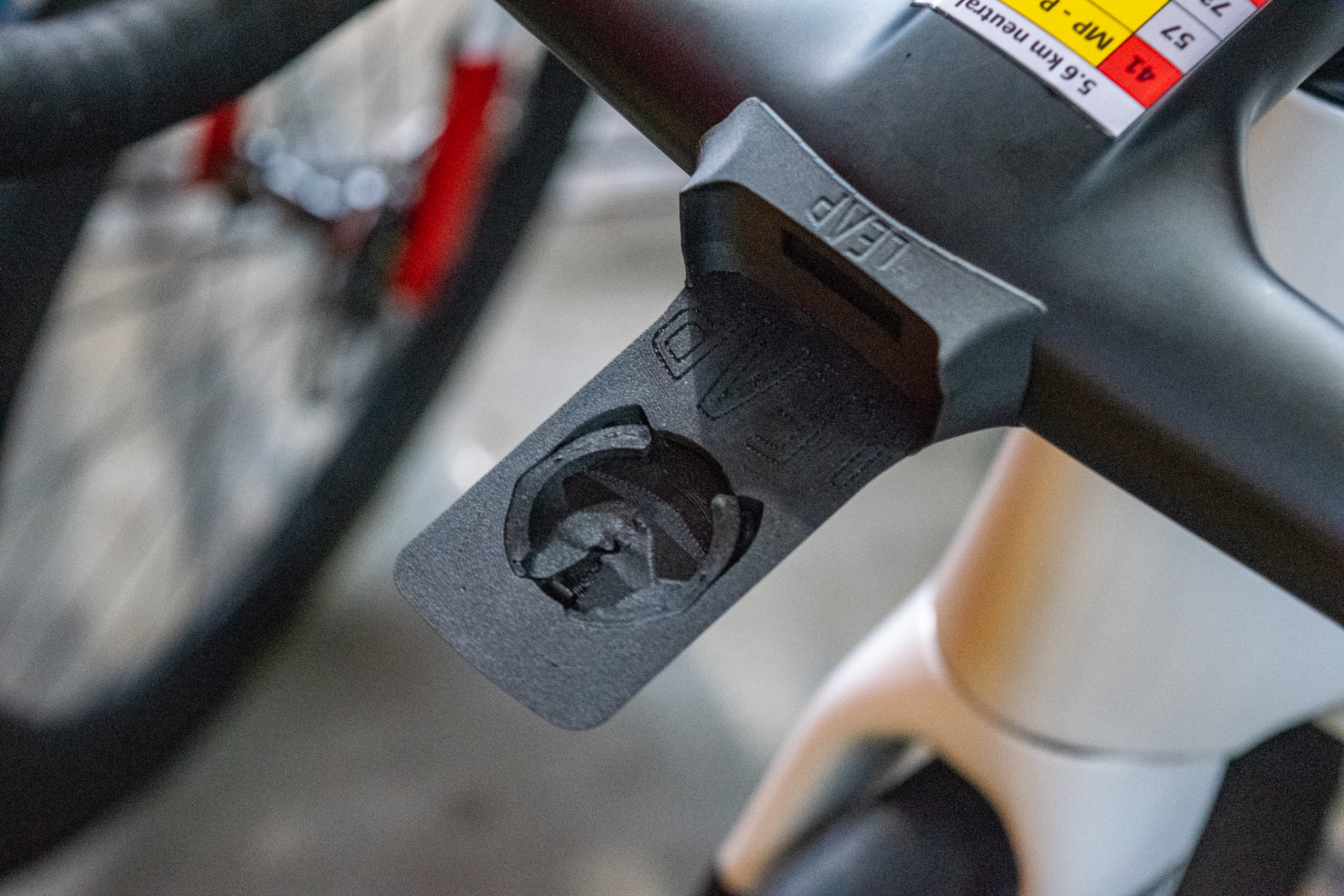 Closeup of a plastic computer mount