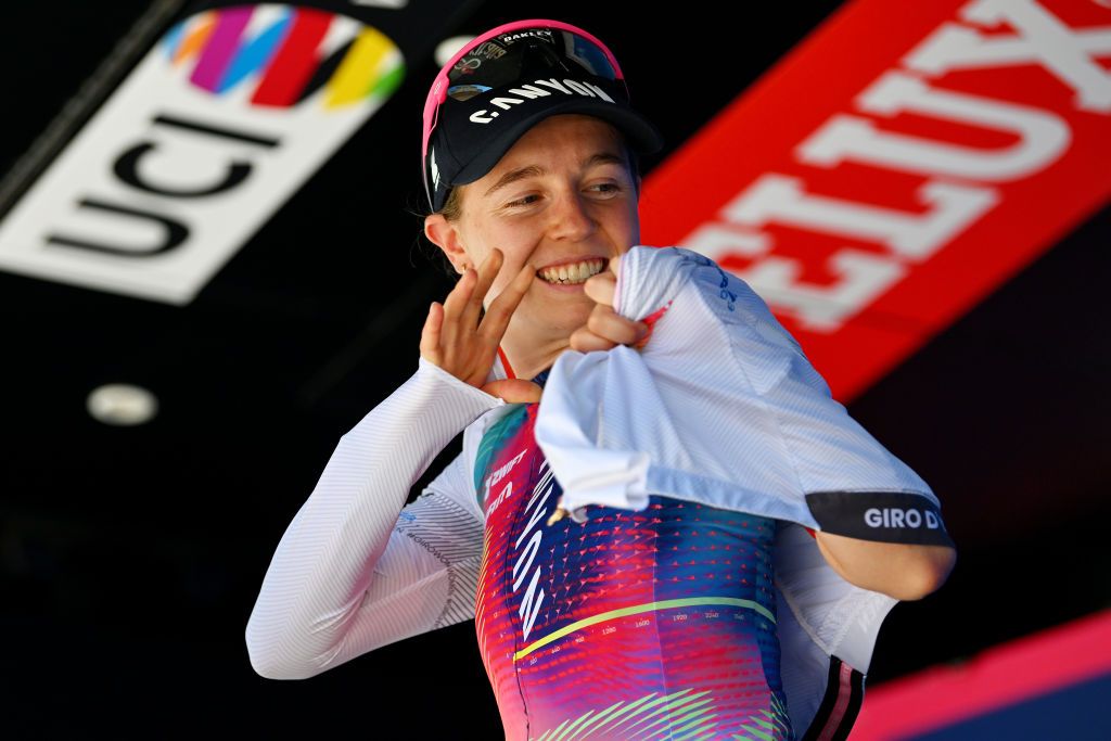FOLIGNO ITALY JULY 11 Antonia Niedermaier of Germany and Team CanyonSRAM White Best Young Rider Jersey celebrates at podium during the 35th Giro dItalia Women 2024 Stage 5 a 108km stage from Frontone to Foligno UCIWWT on July 11 2024 in Foligno Italy Photo by Luc ClaessenGetty Images