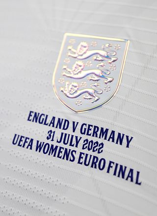 A detailed view of a England shirt with the writing "England v Germany 31 July 2022 UEFA Women's Euro Final" in the changing room prior to the UEFA Women's Euro 2022 final match between England and Germany at Wembley Stadium on July 31, 2022 in London, England.