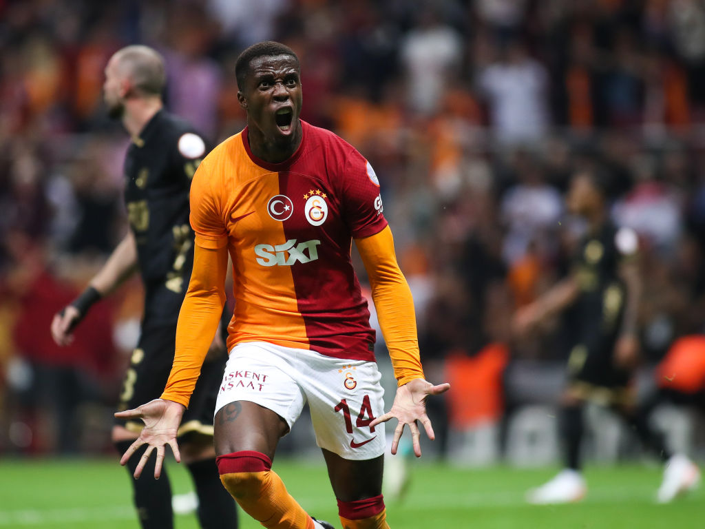 Wilfried Zaha of Galatasaray celebrates after scoring his team's first goal during the Turkish Super League match between Galatasaray and MKE Ankaragucu at Rams Park on September 30, 2023 in Istanbul, Turkey. (Photo by Ahmad Mora/DeFodi Images via Getty Images)