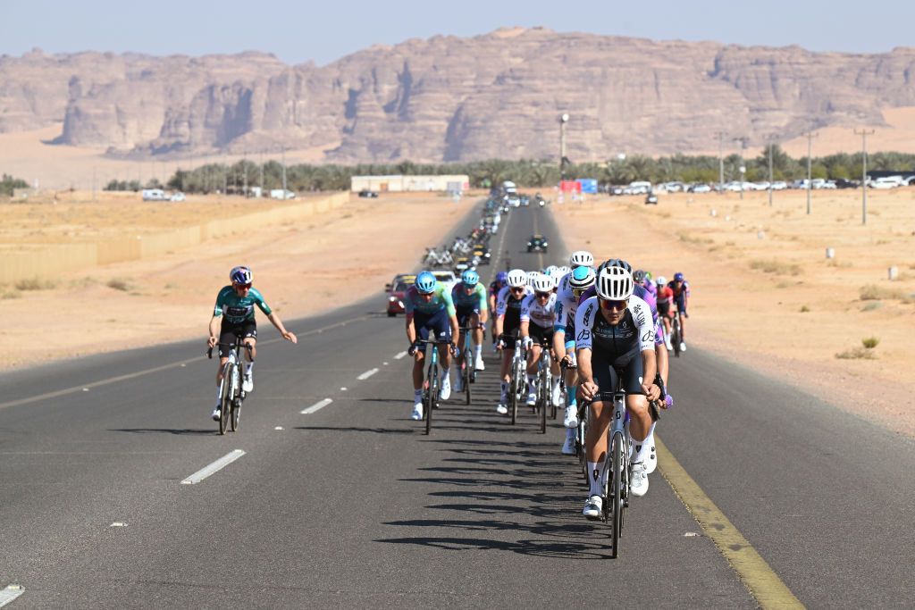 SKYVIEWS OF HARRAT UWAYRID SAUDI ARABIA JANUARY 31 Matteo Moschetti of Italy and Q365 Pro Cycling Team leads the peloton during the 5th AlUla Tour 2025 Stage 4 a 1409km stage from Maraya to Skyviews of Harrat Uwayrid 1159m on January 31 2025 in Skyviews of Harrat Uwayrid Saudi Arabia Photo by Szymon GruchalskiGetty Images