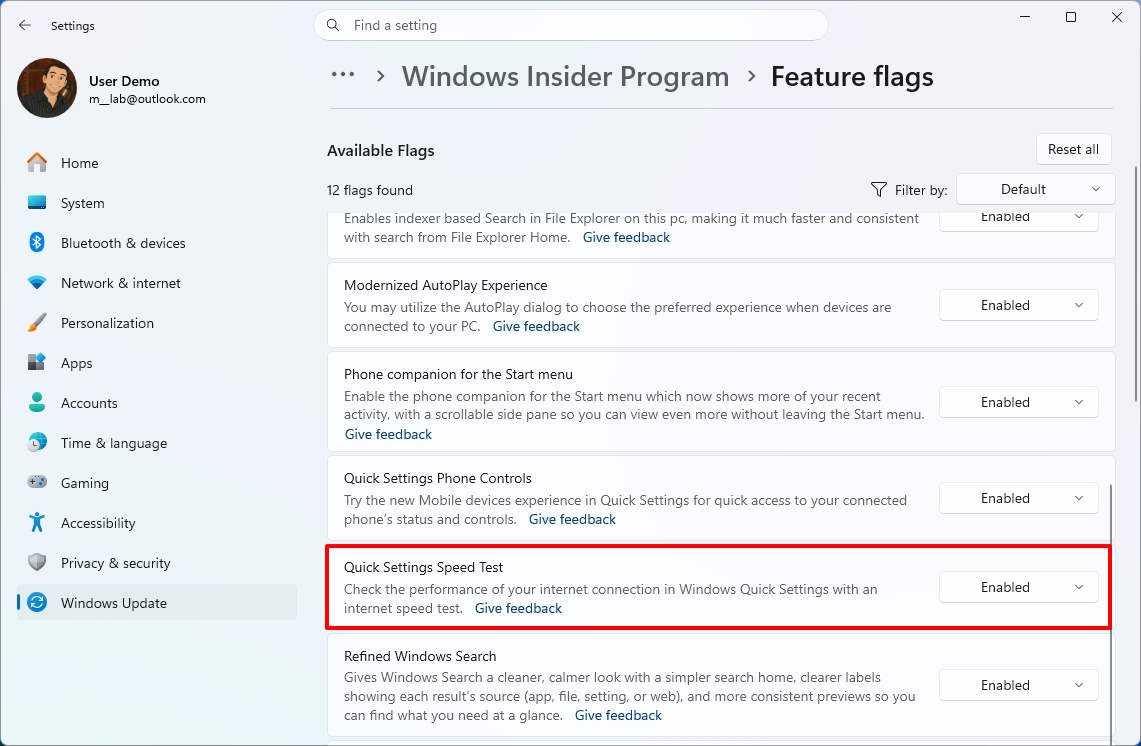 Windows 11 Settings in the Feature flags page showing the Quick Settings Speed Test option.