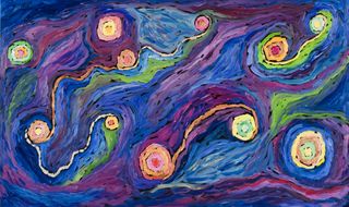 "Diophantine Flow" (2010) is one of scientist Edward Belbruno's works that reflects back to a pastel work he did in 1986 that helped him come up with a new way for spacecraft to slow down in space without using fuel. 