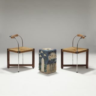 Chen Chen & Kai Williams chairs made in walnut with bent metal backrest, and side table