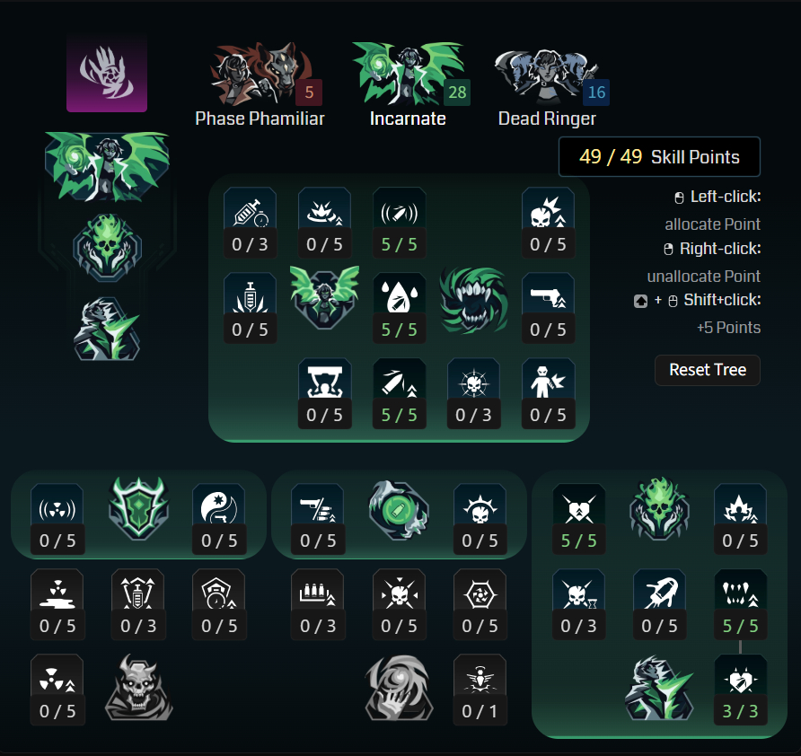 Borderlands 4 Vex builds: A screenshot of Vex's Vexcalation tree for her Infinite Bleed build from Maxroll's builder.