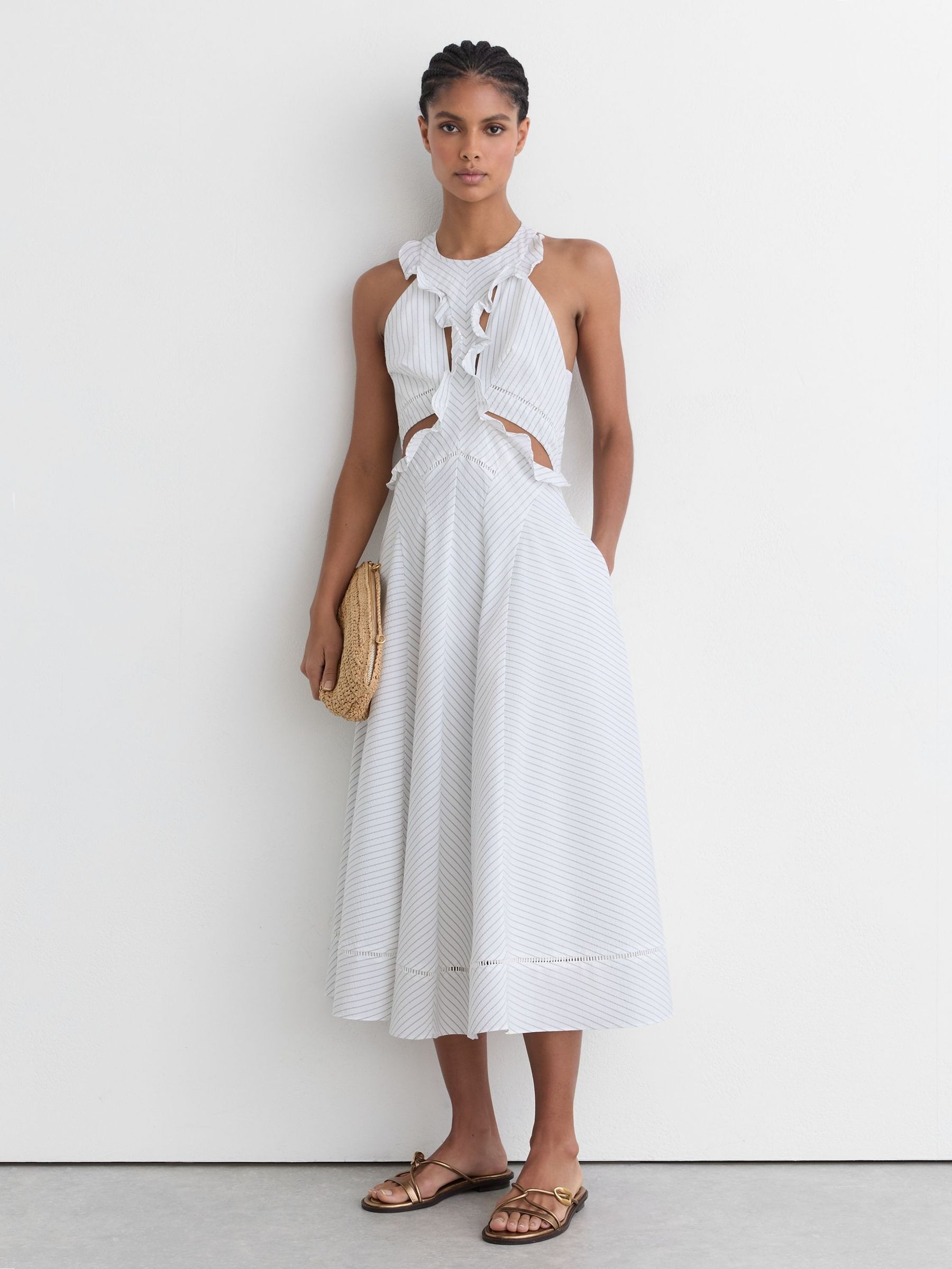 Reiss, Striped Ruffle-Trim Midi Dress in White