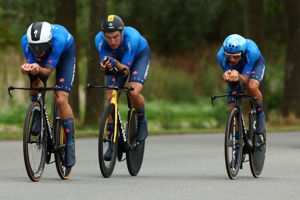 Italian riders pictured during the elite mixed team relay time trial race a 384km track in and around Emmen The Netherlands on the second day of the UEC Road European Championships Thursday 21 September 2023 The European cycling championships takes place from 20 to 24 septemberBELGA PHOTO DAVID PINTENS Photo by DAVID PINTENS BELGA MAG Belga via AFP Photo by DAVID PINTENSBELGA MAGAFP via Getty Images