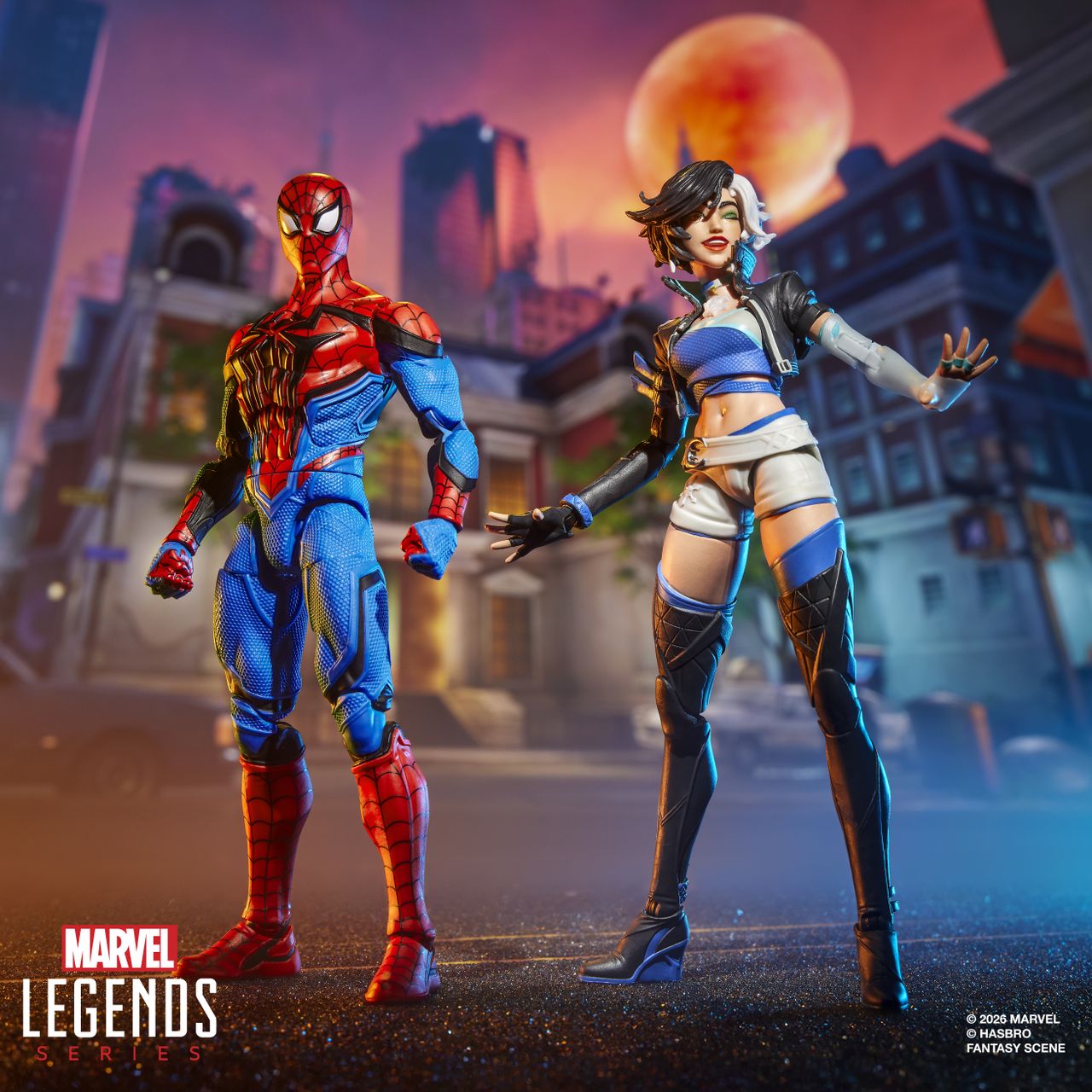 Marvel Rivals Spider-Man and Luna action figures posed against a colorful background
