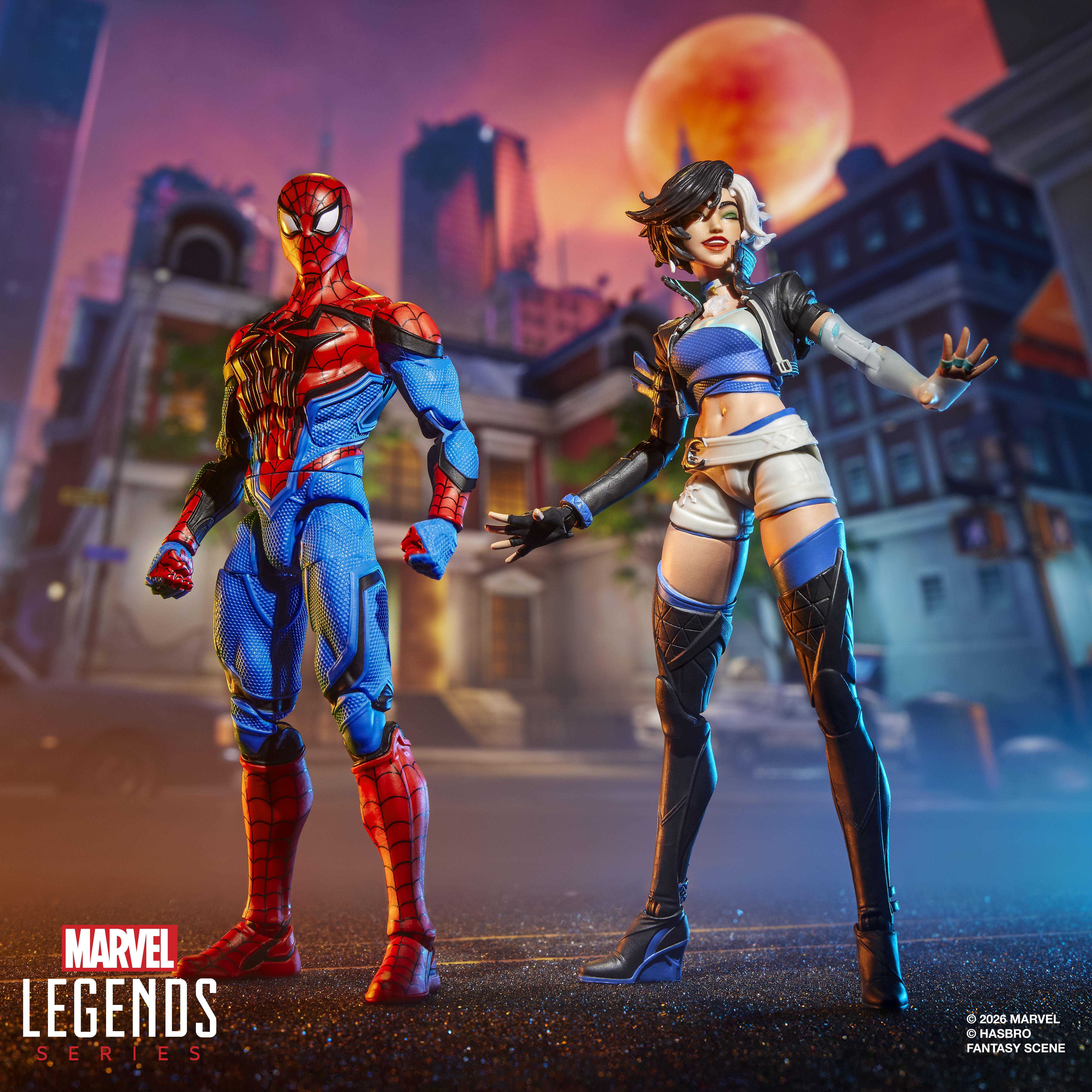 Marvel Rivals Spider-Man and Luna action figures posed against a colorful background