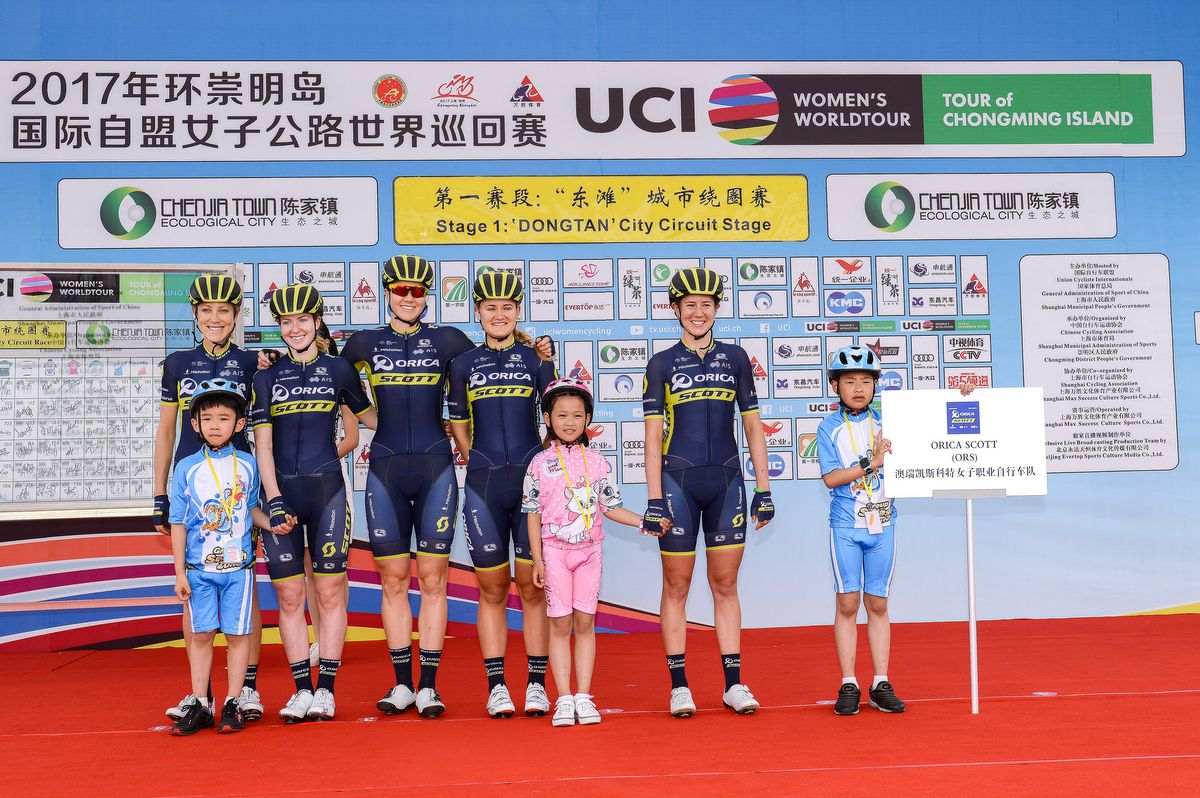Orica-Scott are introduced to the crowd by the local children