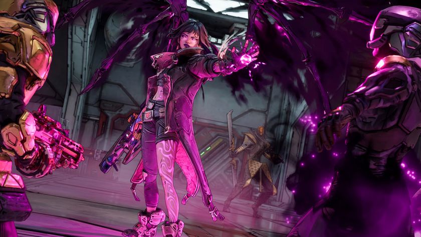Borderlands 4 Vex builds: A full-body shot of Vex casting her Incarnate action skill of a group of enemies, creating large, purple, shadowy wings behind her.