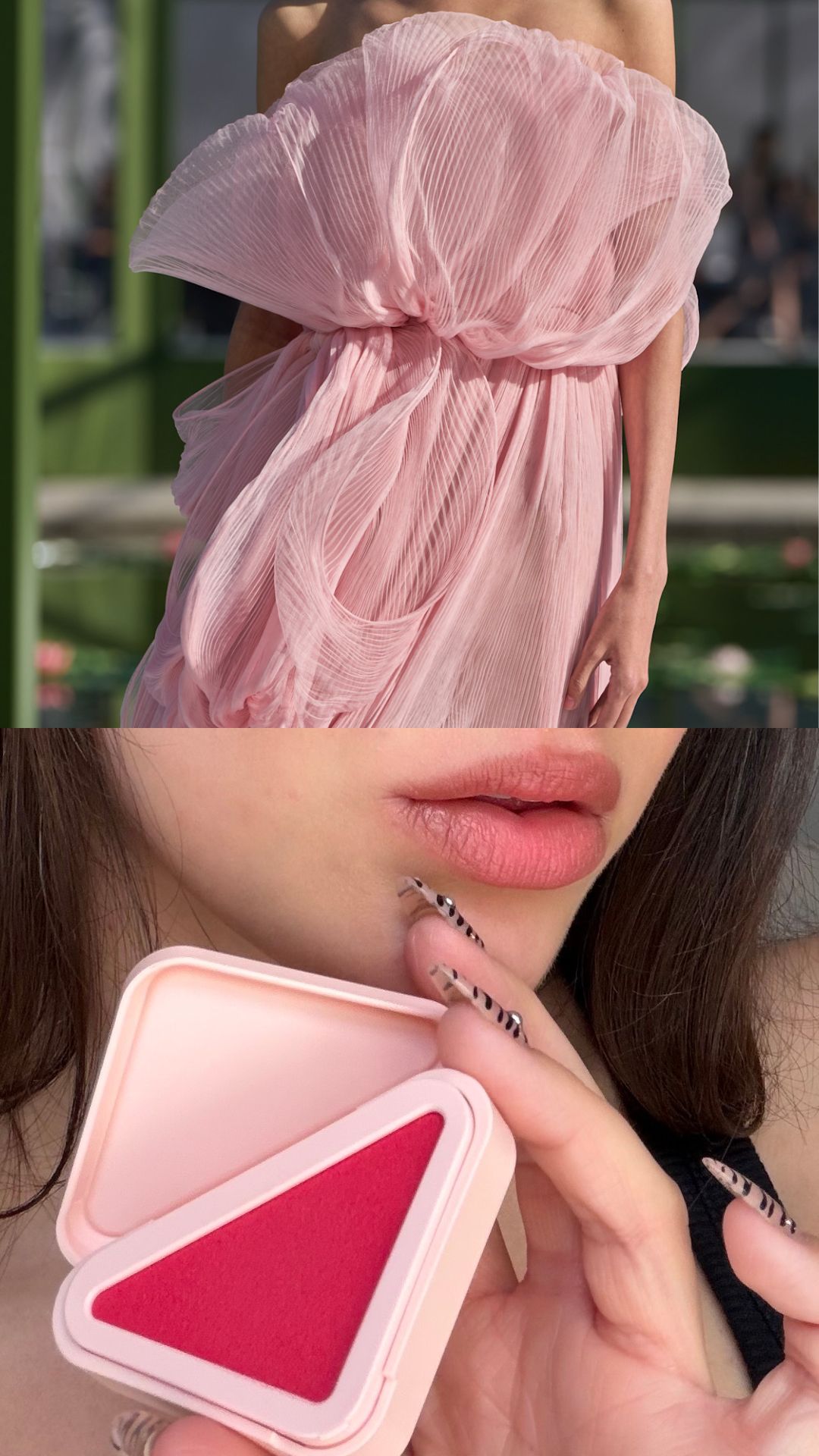 A split image of a runway shot from Dior's F/W 26-27 show and WWW associate beauty editor Alyssa Brascia wearing Prada&amp;rsquo;s Touch Blush on her lips.