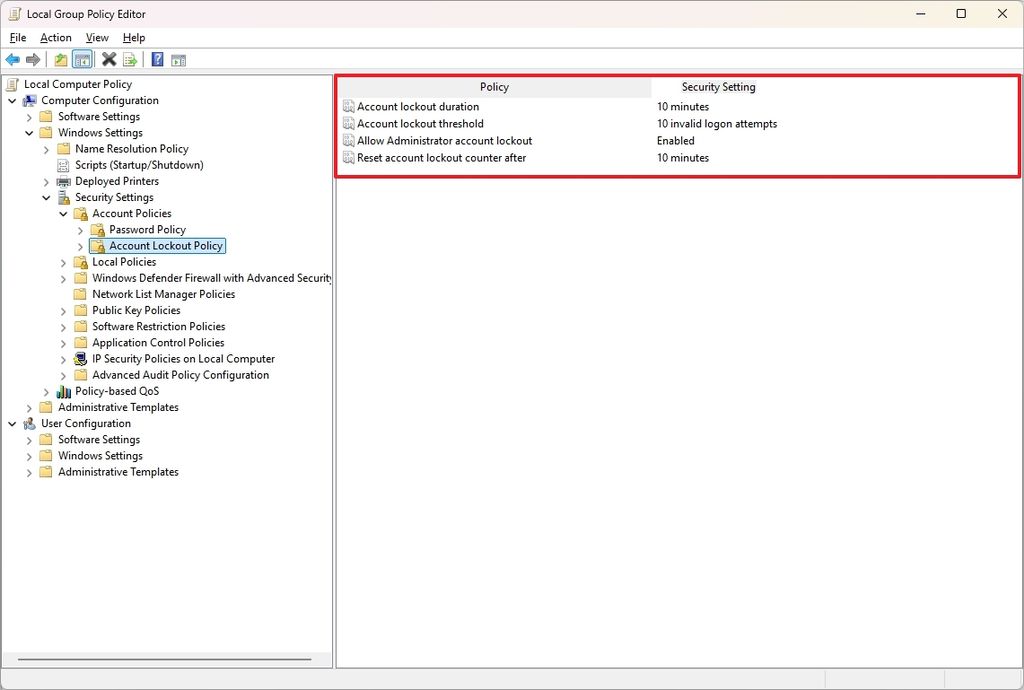 Group Policy account lockout policies