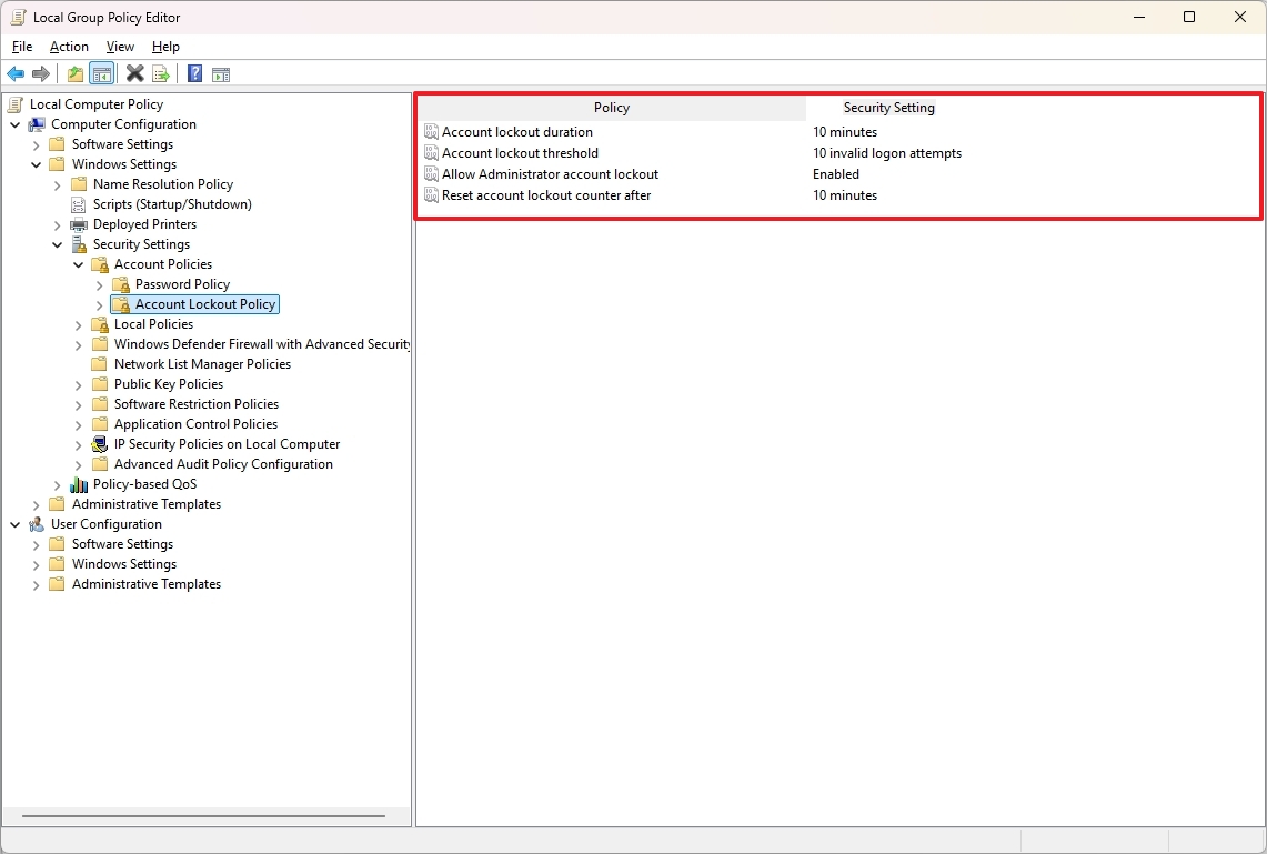 Group Policy account lockout policies