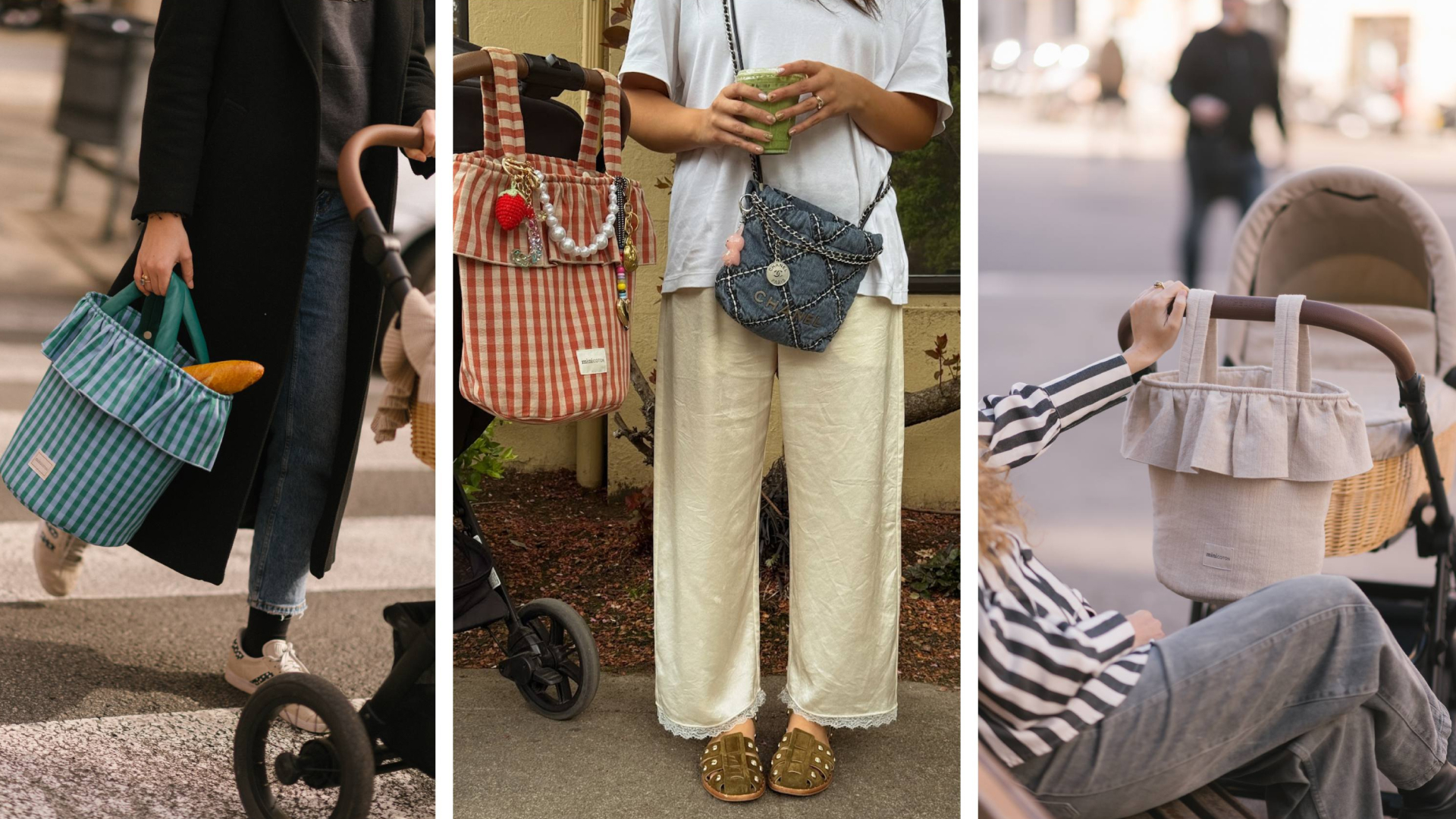 a collage of moms carrying their minicoton stroller basket bags