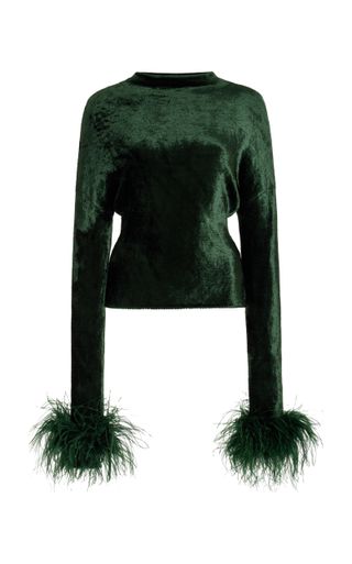 Feather-Trimmed Dolman-Sleeve Velvet Top