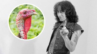 Singer Bon Scott from Australian rock band AC/DC posed in a studio in London in August 1979, with a turkey superimposed next to him