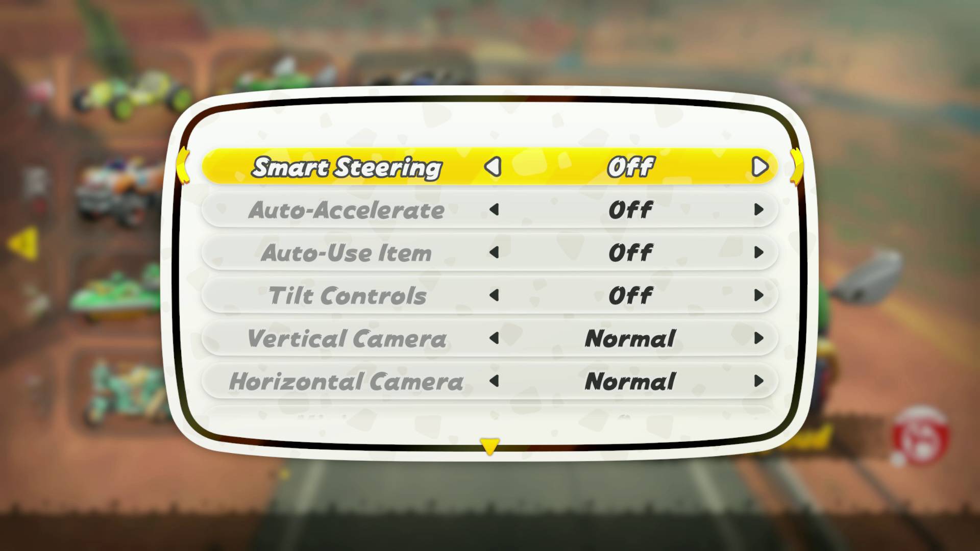 Mario Kart World smart steering off menu