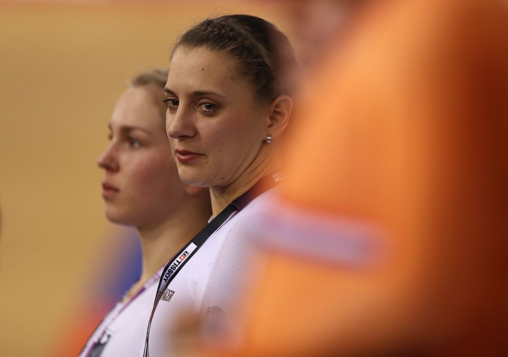 Miriam Welte of Germany looks on during day One of the 2018 TISSOT UCI Track Cycling World Cup at Lee Valley Velopark Velodrome