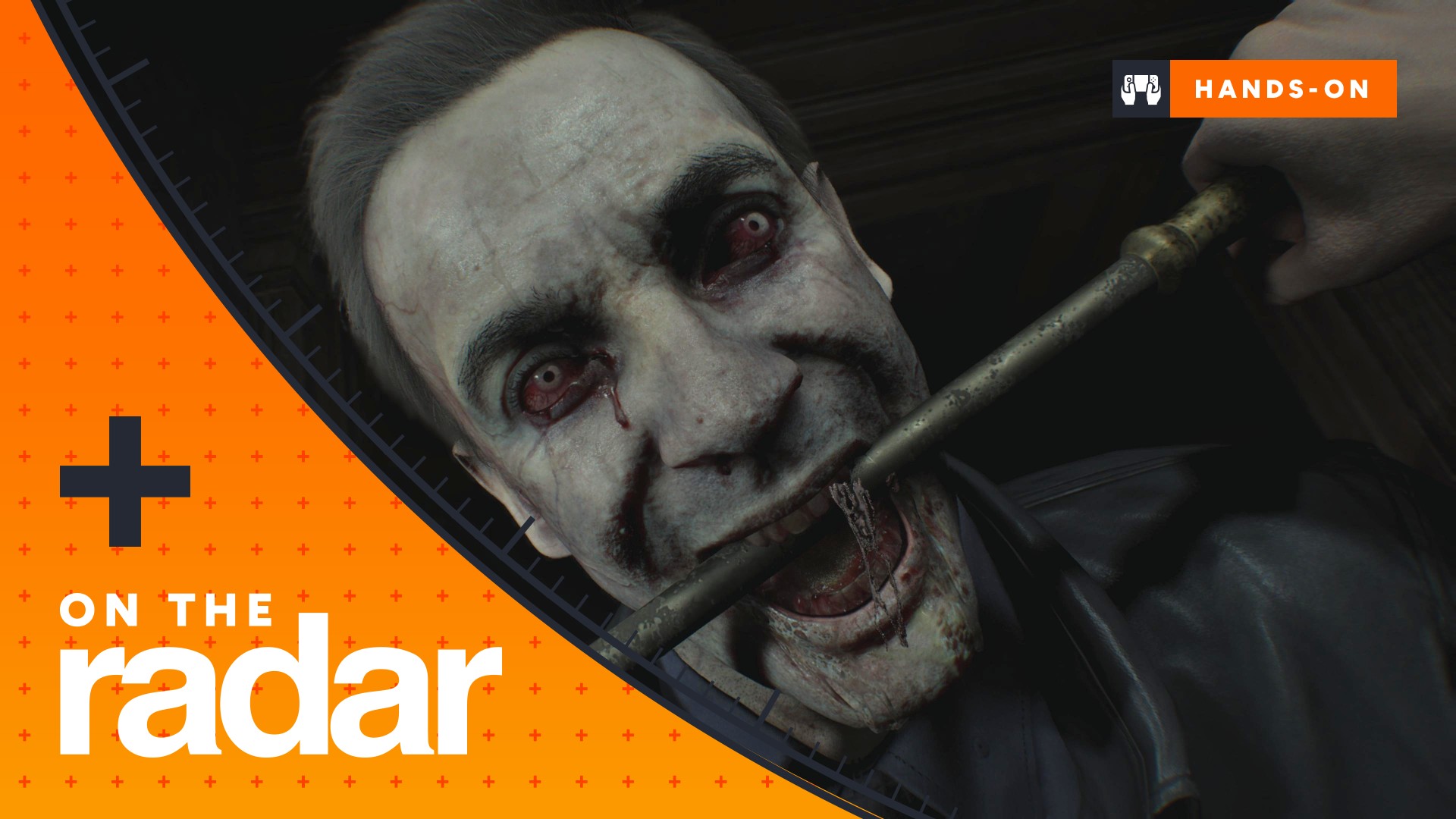 Resident Evil Requiem On the Radar screenshot of a zombie biting a fire poker with an orange overlay