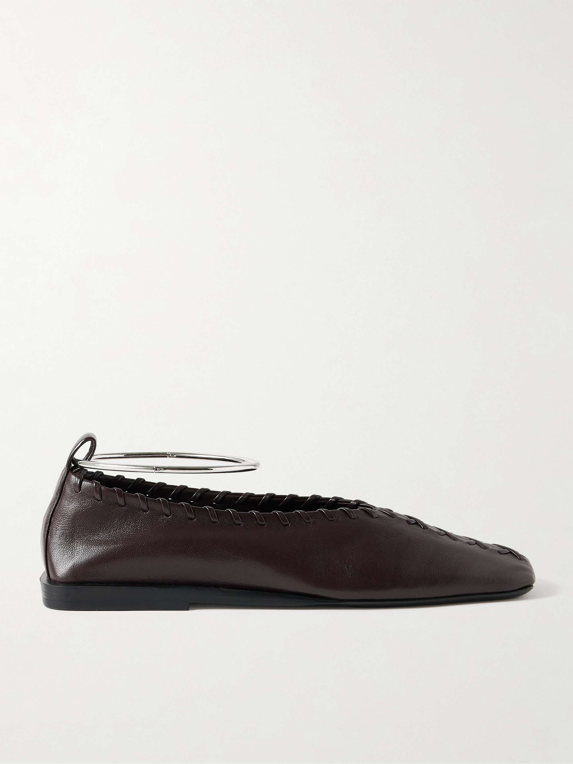 Ring Whipstitch-Trimmed Leather Ballet Flats